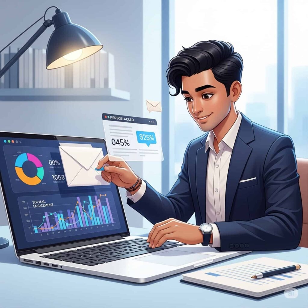 A futuristic Indian digital marketer analyzing colorful data dashboards on a laptop with AI visuals in the background