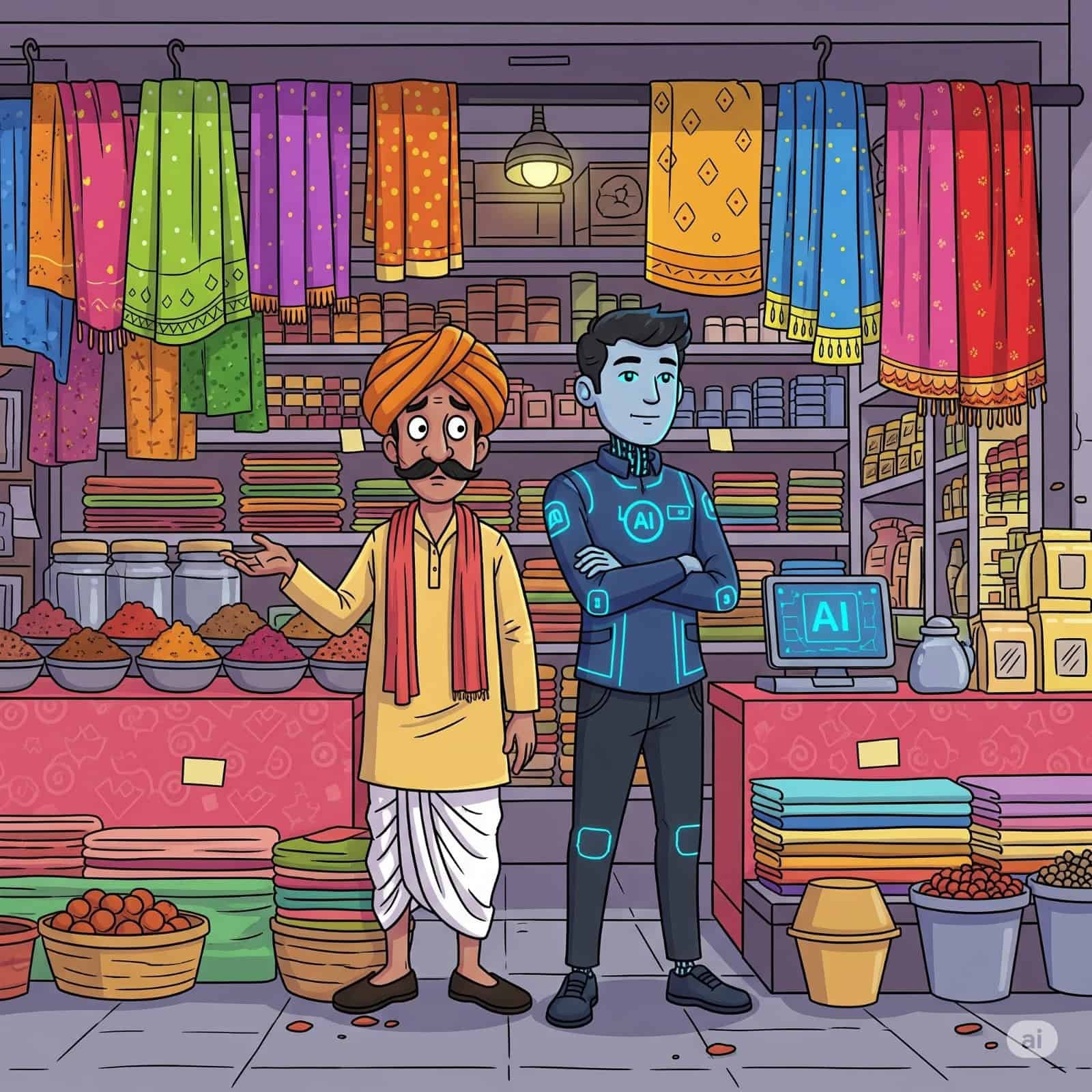 An Indian street shop with a regular shopkeeper and a smart AI-powered shopkeeper next to him, one confused and one confident