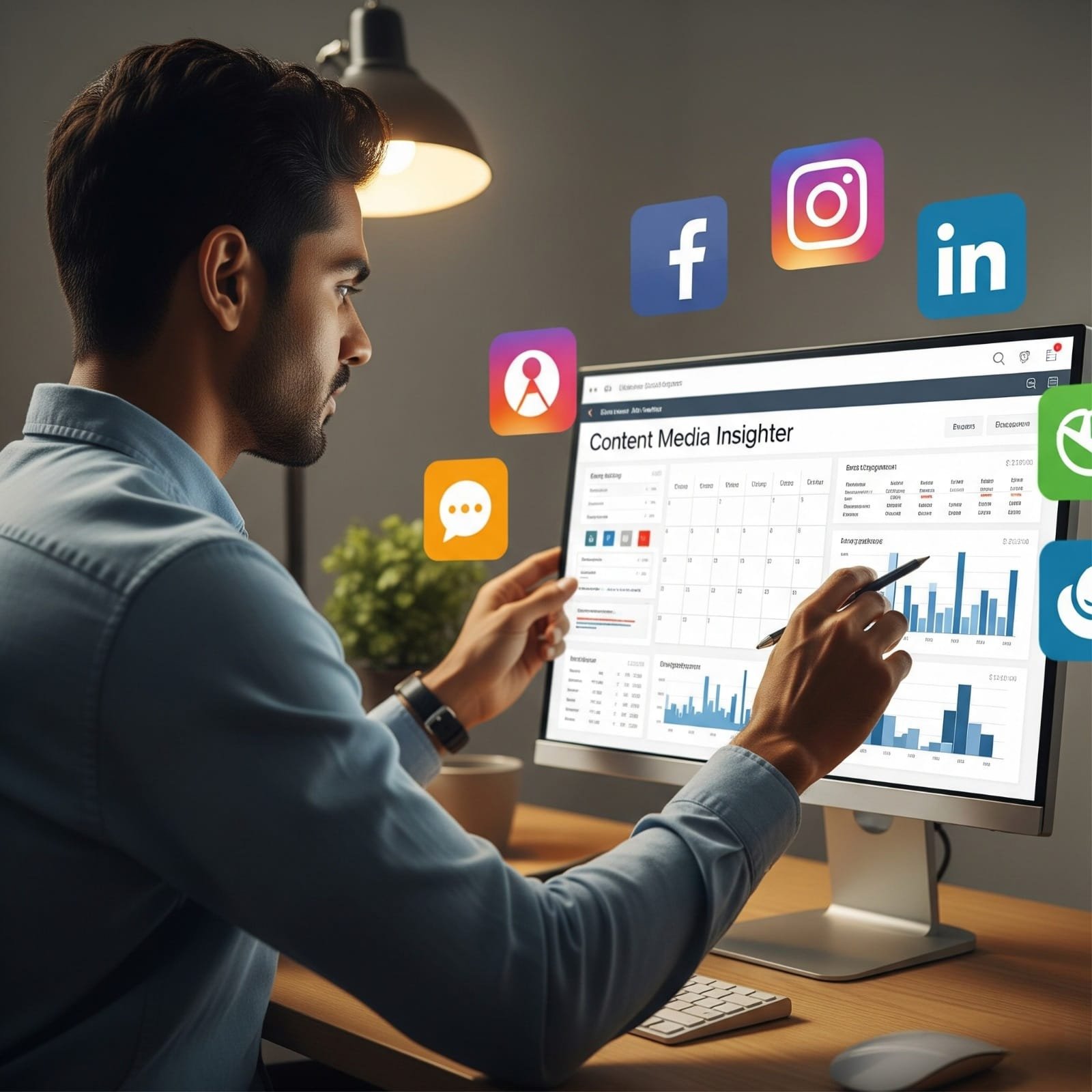 social media marketing dashboard showing engagement metrics across multiple platforms like facebook, instagram, and linkedIn